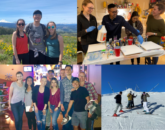 4 separate photos stitched together showing residents performing various activities during leisure time.